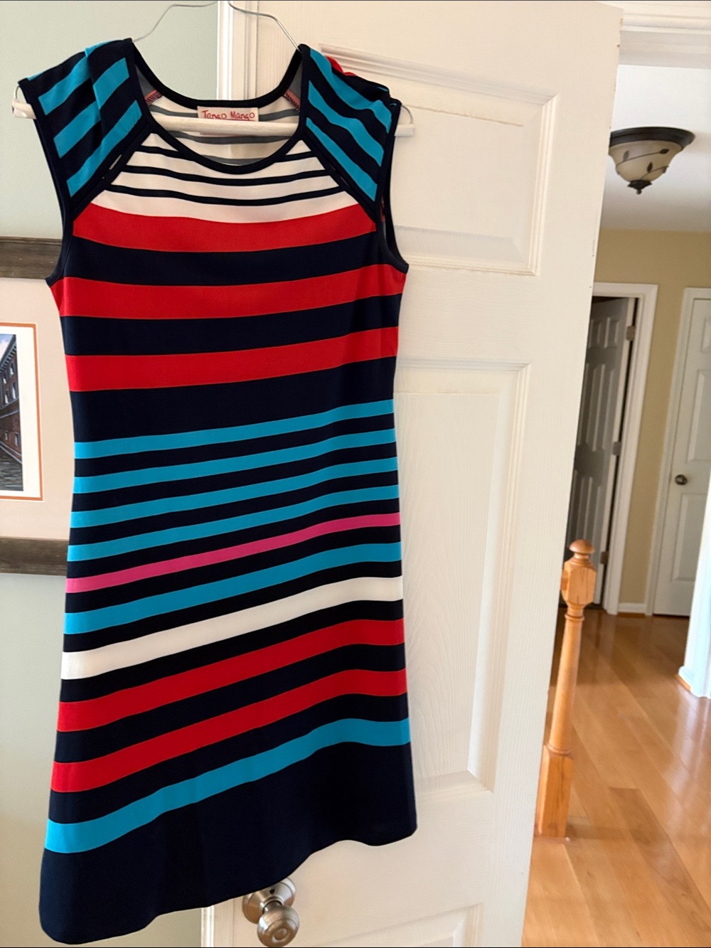 Trina Turk Navy, Red & Aqua Striped Sleeveless Shift Dress